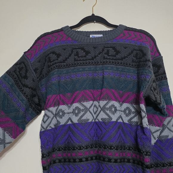 Vintage Geometric 3D Knit Cosby Sweater Mens M Purple 90s Wool Blend Faurl Isle - Picture 2 of 9